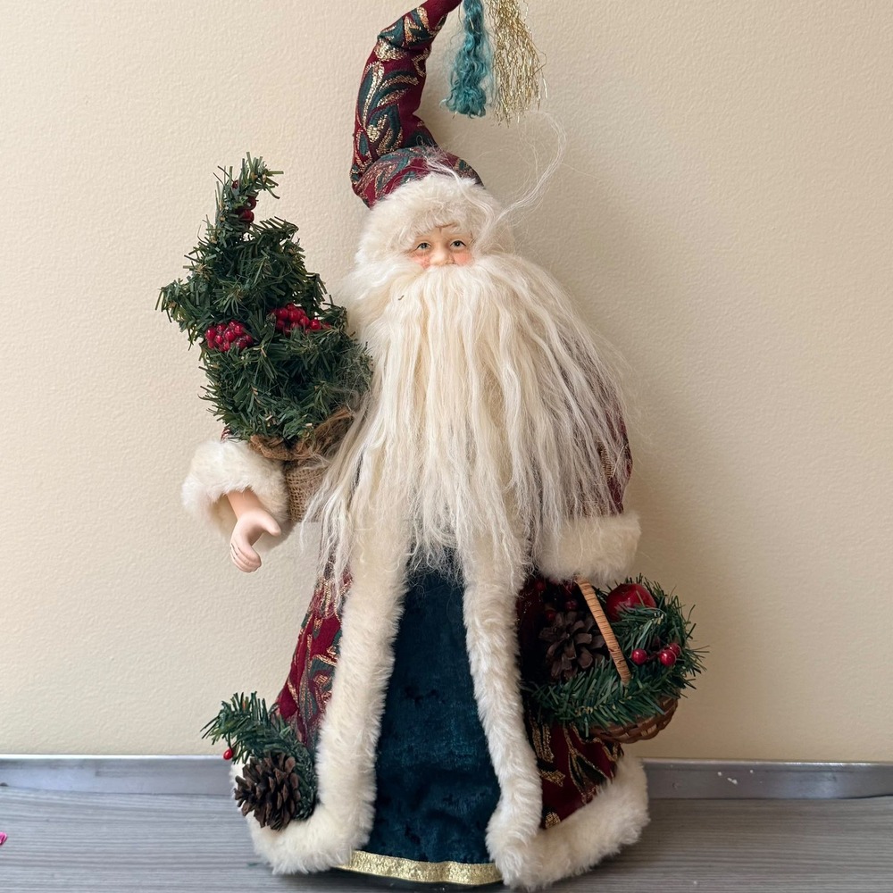 Vintage Tree Topper Santa Claus Figurine Burgundy Tapestry Robe Faux Fur Beard